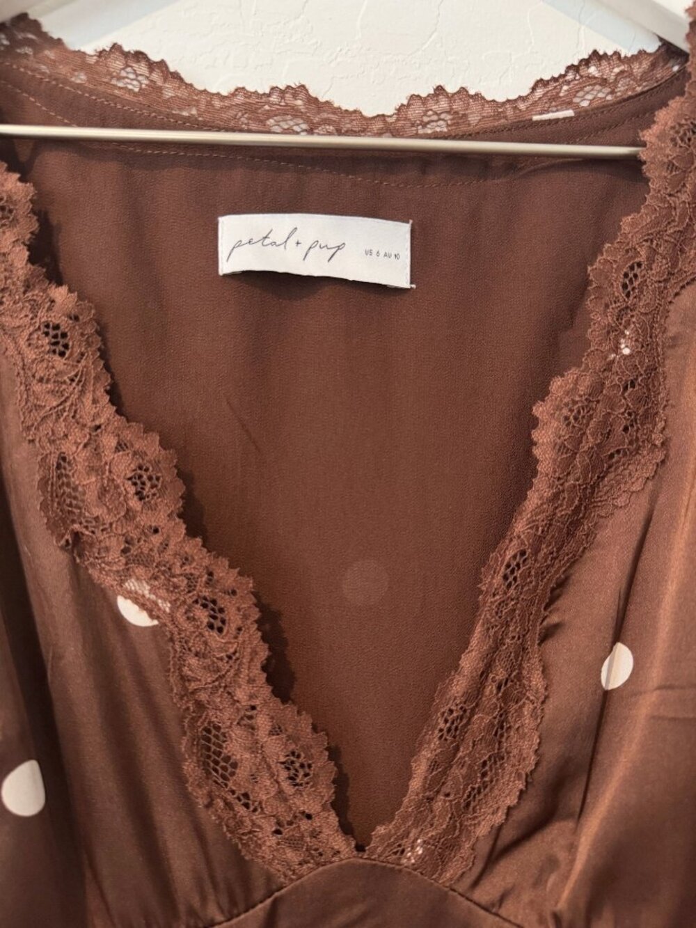 Petal and Pup Arella Maxi Dress Size 6 Brown Polka Dot Lace Trim Satin Romantic - Picture 8 of 14